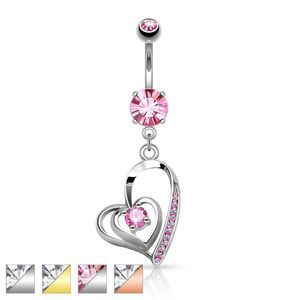 CZ Centered Double Heart with Micro Pave CZ Dangle 316L Surgical Steel Belly
